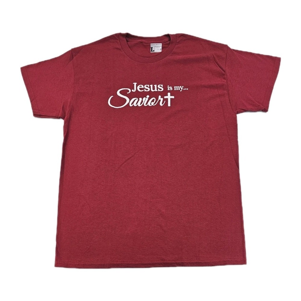 Jesus Is My Savior Men's Large Red Puffed 3D White Spell Out Print Fun T Shirt